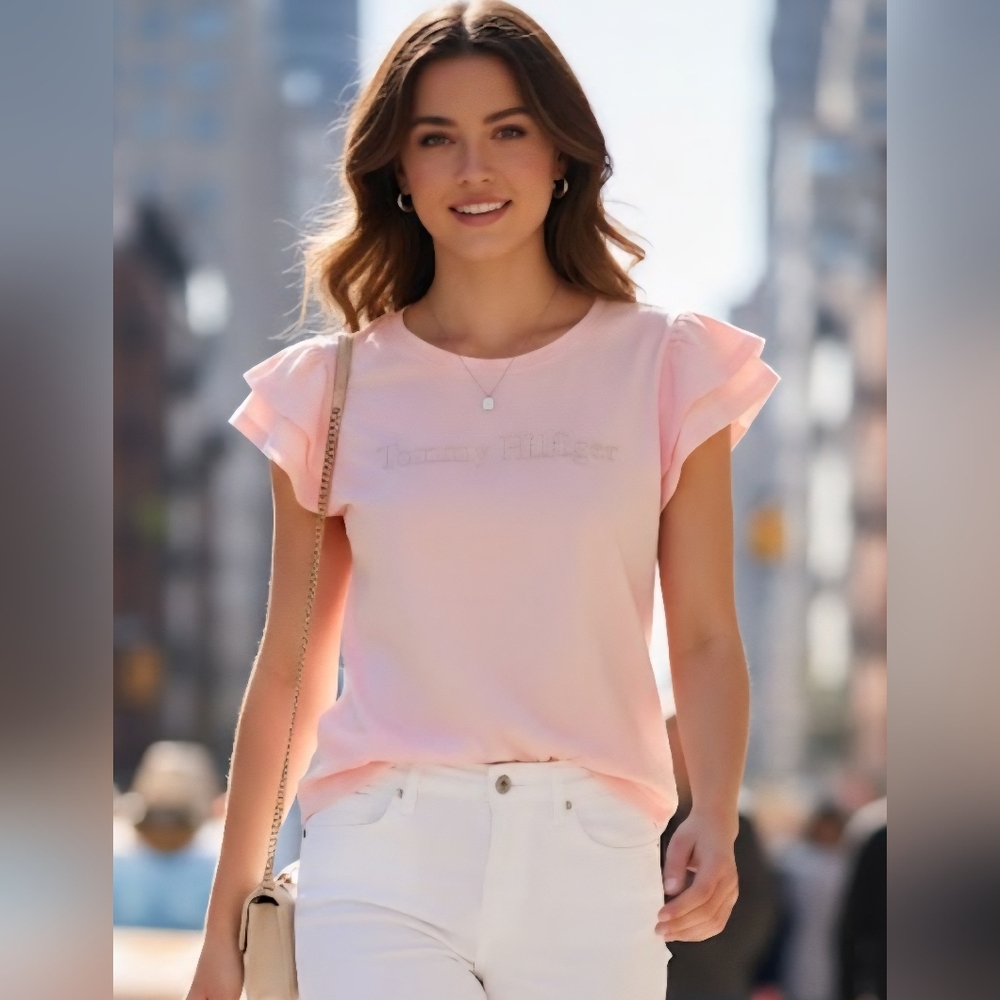 Tommy Hilfiger Women's Light Pink Flutter Ruffle Sleeve Top Shirt Size Large